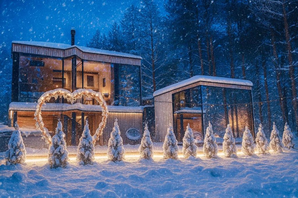 Un edificio en la nieve con una fuente delante. en Luxury Tahkuranna SPA villa Pärnu, en Laadi