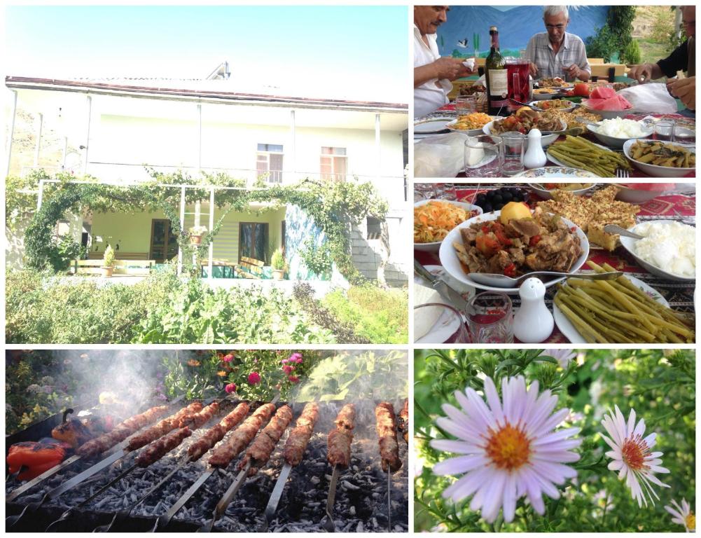 eine Collage mit Bildern von Grill und Essen in der Unterkunft Happy house in Chʼiva