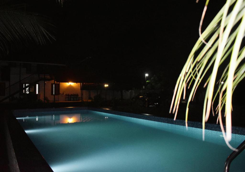 a blue swimming pool at night with a building at MeadowView Cottage Marari in Mararikulam
