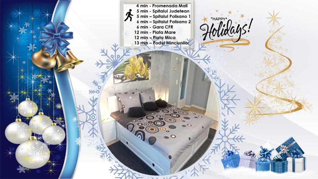 a christmas flyer with a bed in a room with christmas decorations at Vi’studio in Sibiu