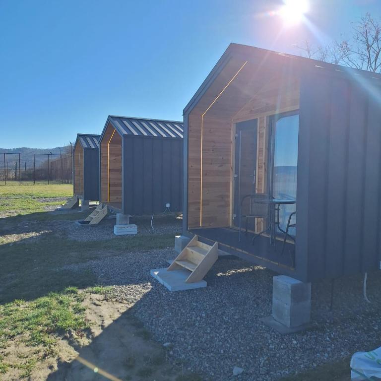 a row of houses with the sun shining on them at Casute La Struti in Tîrgu Neamţ