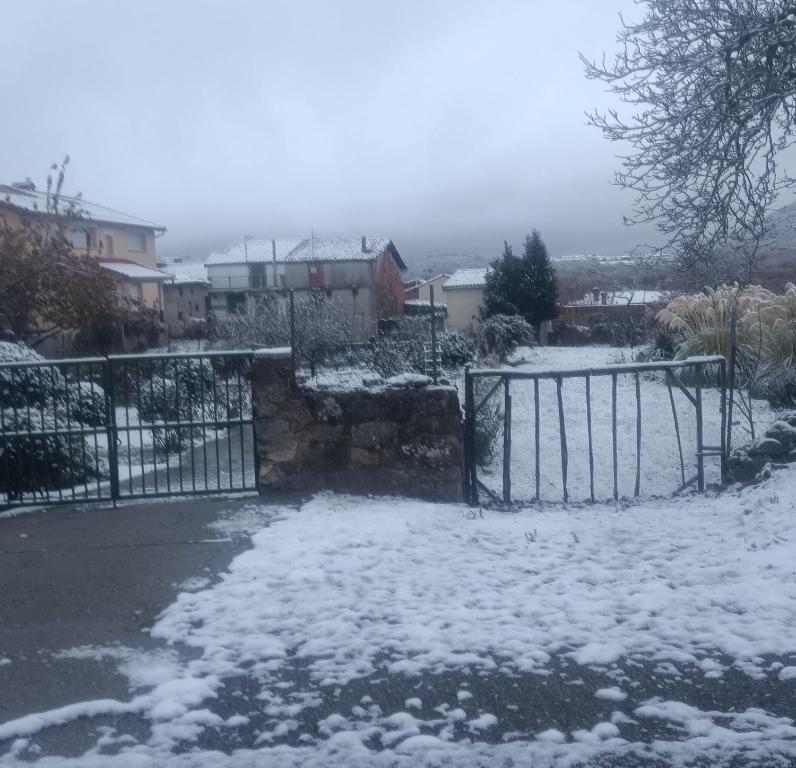 una puerta en un patio cubierto de nieve en Casa rural Regajo Lobos, en San Bartolomé de Béjar