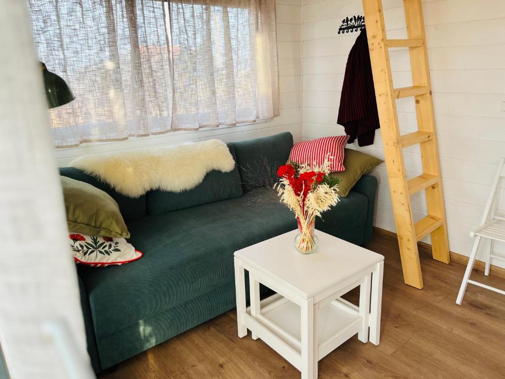 a living room with a green couch and a table at Jemiołucha Glamp in Bodzentyn