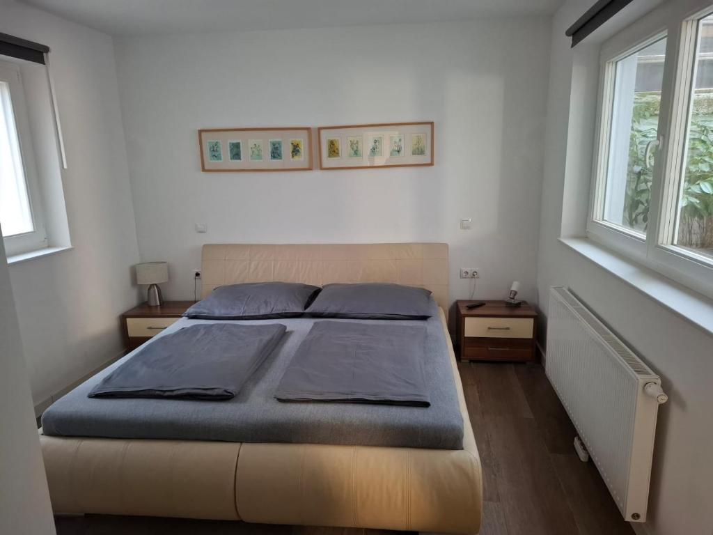 a bed in a bedroom with two windows at Wohnung in toller City-Lage 45 m2 in Vienna