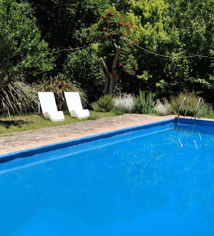 two white lounge chairs sitting next to a swimming pool at Mangoré Rústico Cabaña 1 in La Granja