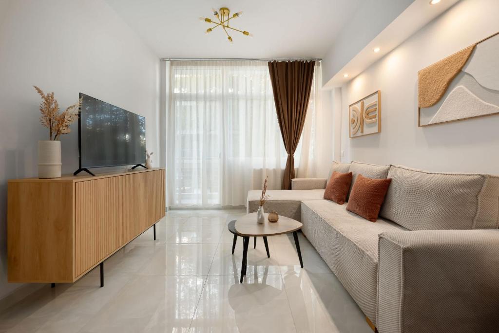 a living room with a couch and a tv at Estia Premium Apartments - Superior Suite Vackhou 1 in Thessaloniki