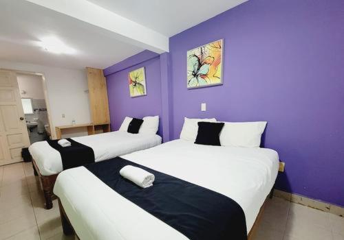 2 Betten in einem Zimmer mit lila Wänden in der Unterkunft Hotel Dulce Luna in San Cristóbal de las Casas