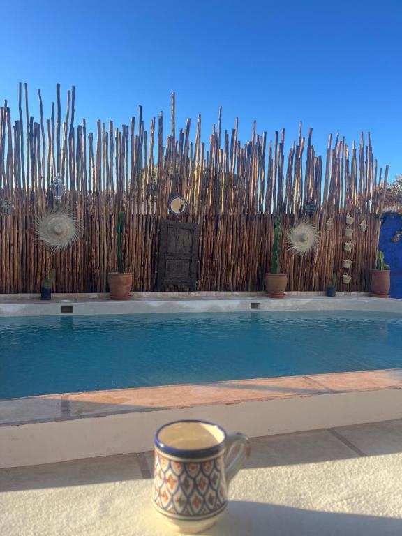 Ein Zaun mit einer Tür und einer Tasse vor einem Pool in der Unterkunft Villa Aloe Vera Privée in Essaouira