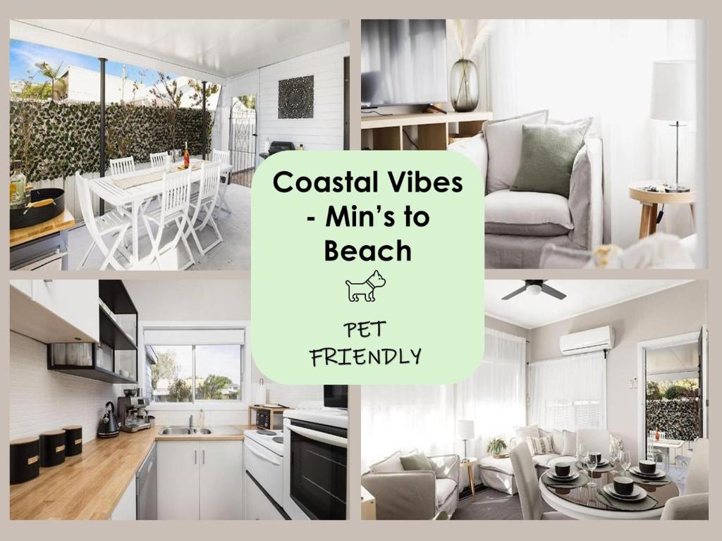 a collage of photos of a kitchen and a living room at Coastal Vibes Minutes To Beach - Pet Friendly in Salamander Bay