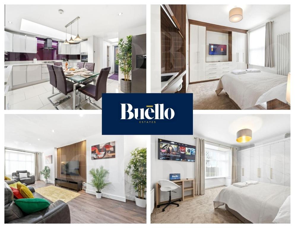 Ένα ή περισσότερα κρεβάτια σε δωμάτιο στο M5 Spacious Stylish Full Kitchen 2Bath Premium Beds Electric Sofa Recliners Smart TVs Netflix Underfloor Heating Instant Hot Water FastWifi