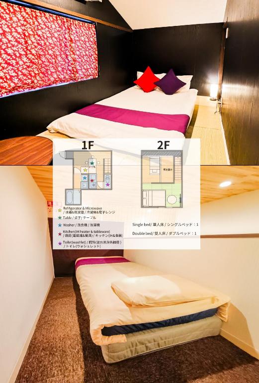two beds in a small room with a diagram at USJ 2 stops, Umeda&Dotonbori 8mins, Ninja Style SV1 in Osaka