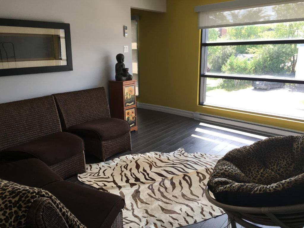 a living room with a couch and a zebra rug at Gîte Zazen in Mont-Laurier