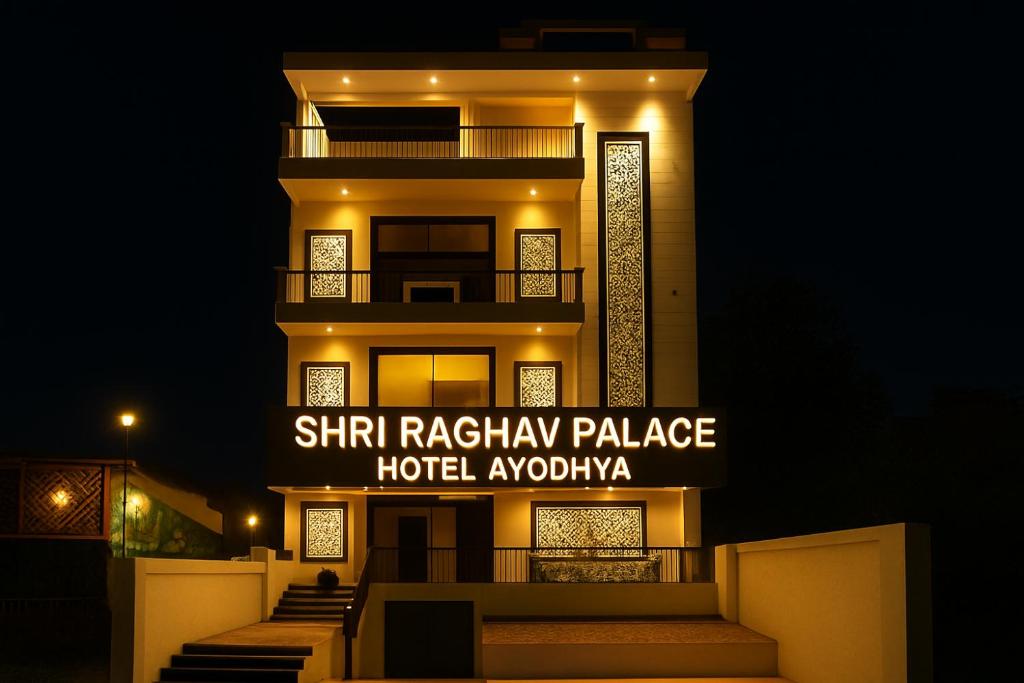 Shri Raghav Palace Hotel Ayodhya في Ayodhya: مبنى أومينيوم عليه لافتة مكتوب عليها فندق قصر ستارراكراك أيودا
