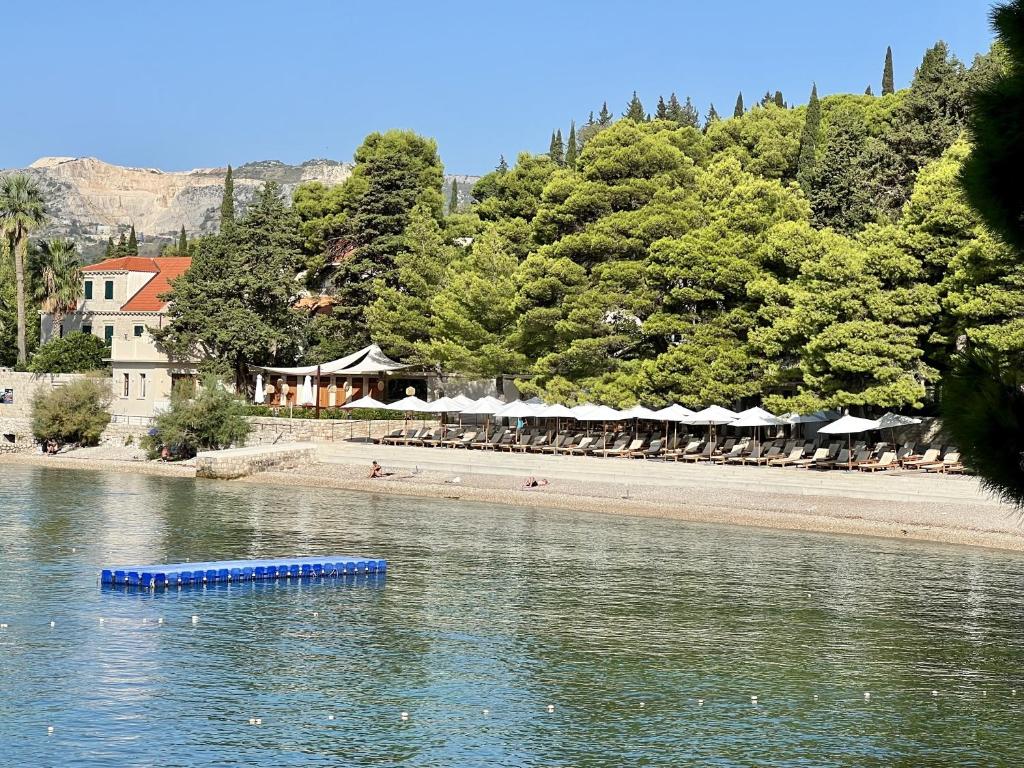 een blauw vlot in het water naast een strand bij Apartment LaVilla in Mlini