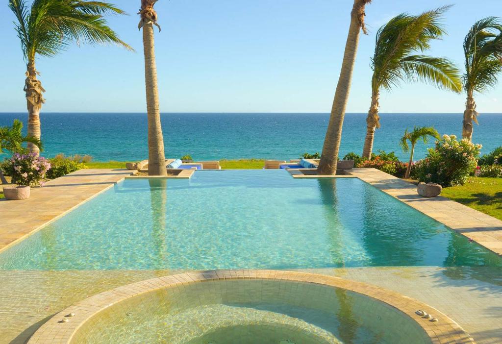 a swimming pool with palm trees and the ocean at Casa Piedra Blanca in San José del Cabo