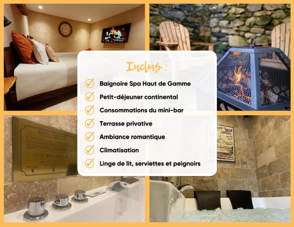 a flyer for a hotel room with a fireplace at Haut Charmes de Cornil in Cornil