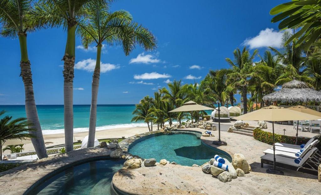 a resort pool with palm trees and the beach at Casa Edwards in San José del Cabo