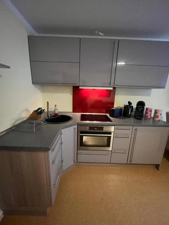 Ferienwohnung Nähe Autobahn Ruhige Lage für Familien & Monteure في Erolzheim: مطبخ بخزائن بيضاء وفرن موقد