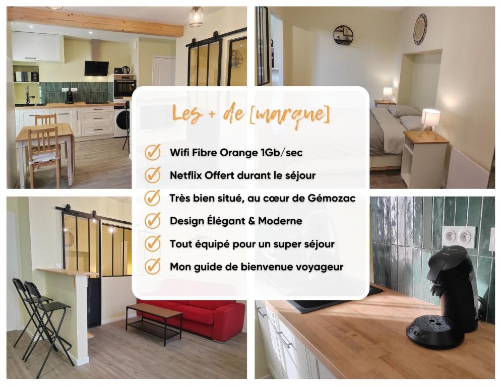 eine Collage mit Fotos von einer Küche und einem Wohnzimmer in der Unterkunft L'Atelier T2 entièrement rénover in Gémozac