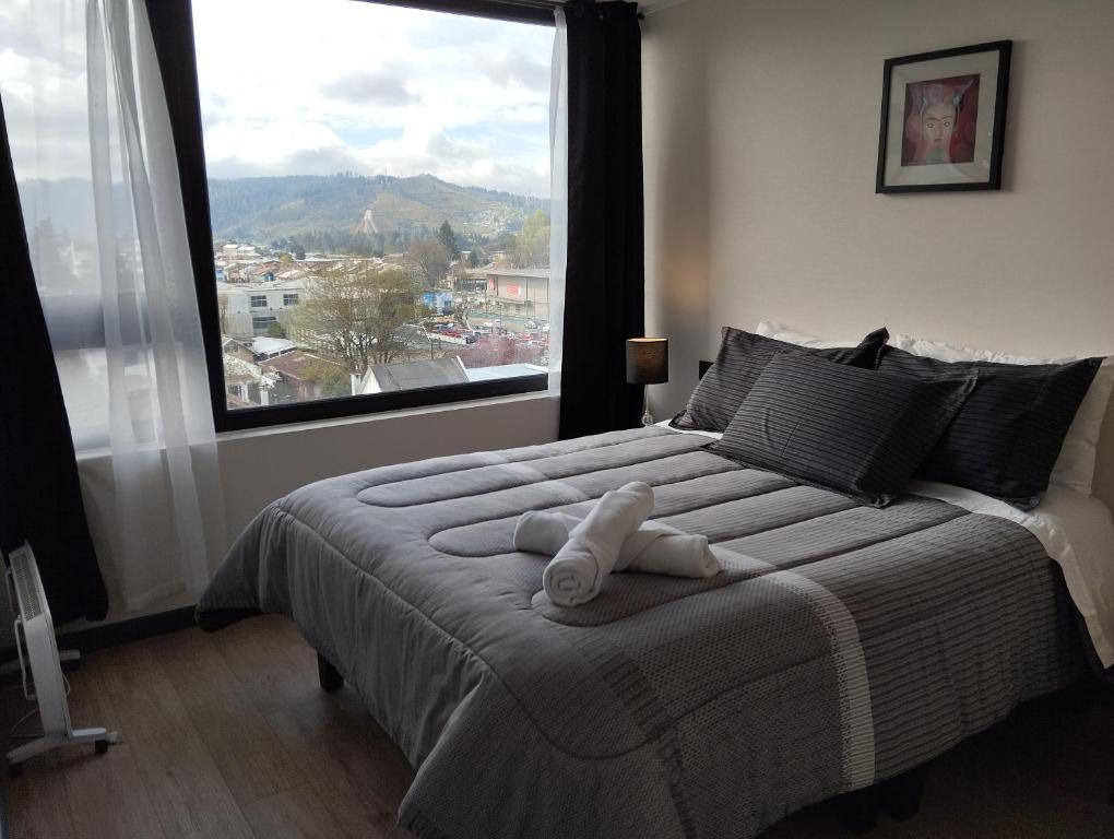 een slaapkamer met een groot bed met een groot raam bij Open Suite 3 in Temuco