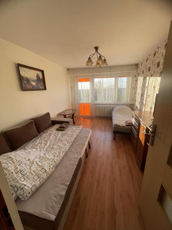 Apartament, mieszkanie 3-pokojowe في كوتنو: غرفة نوم مع سرير وغرفة معيشة