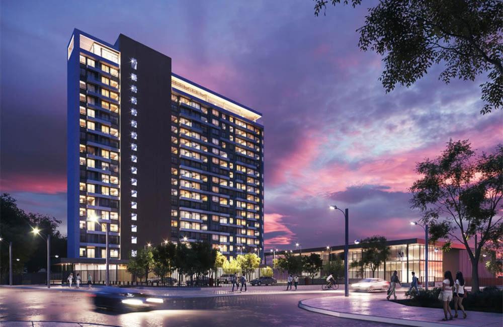 a rendering of a tall building at night at Departamento Nuevo 1D1B con estacionamiento sobre stripcenter y supermercado in Los Ángeles