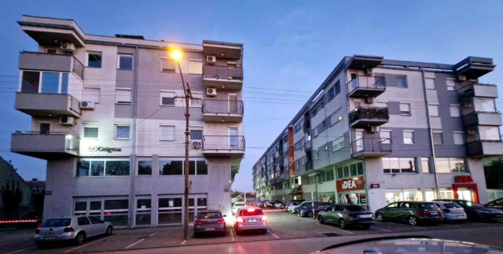 a street with cars parked in front of buildings at Apartman IDEA in Zrenjanin