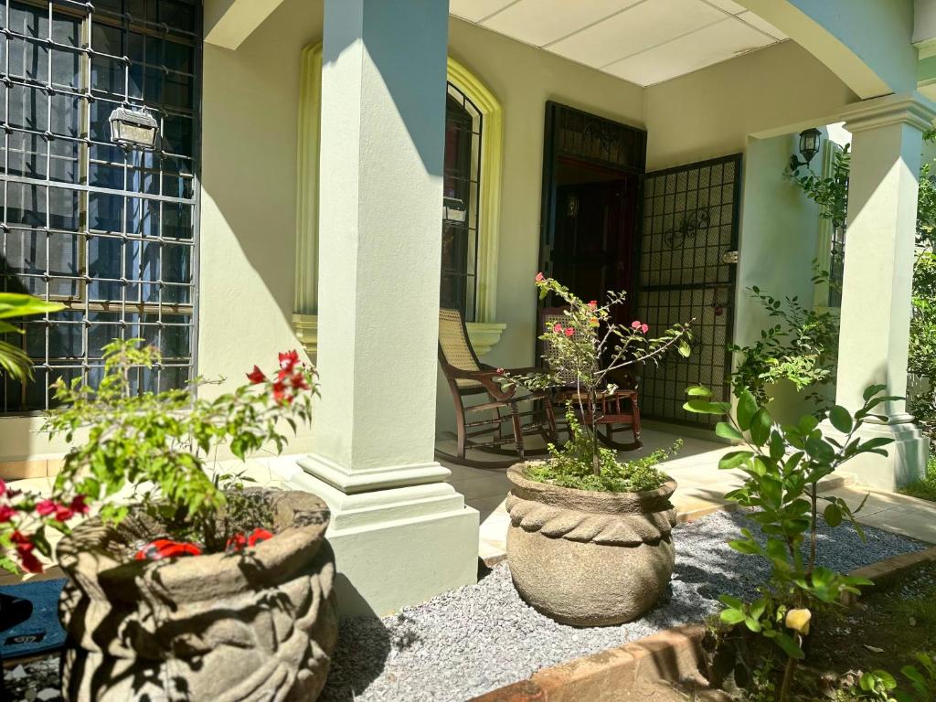 Habitación León Queen Deluxe في ليون: شرفة بها وعاءان كبيران من النباتات