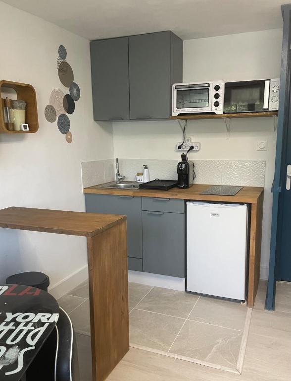 Aux portes des Cévenne في سانت هيبوليت - دو - فورت: مطبخ صغير مع كونتر وميكرويف