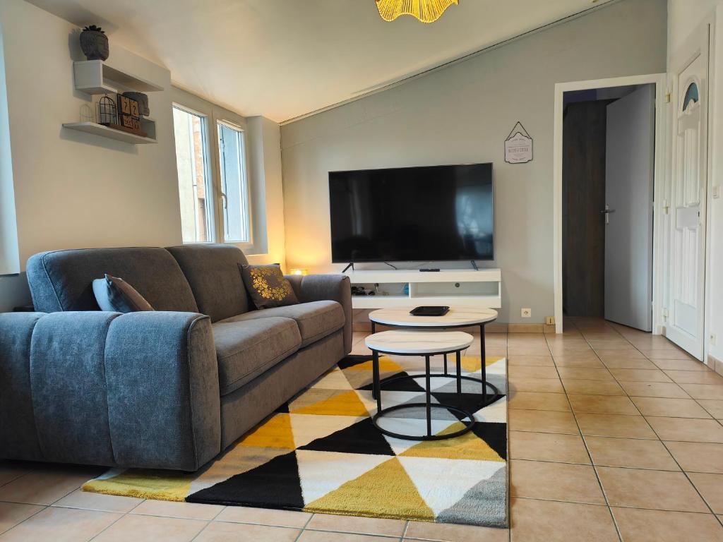 un soggiorno con divano e TV a schermo piatto di Appartement vue sur le lac ad Aiguines