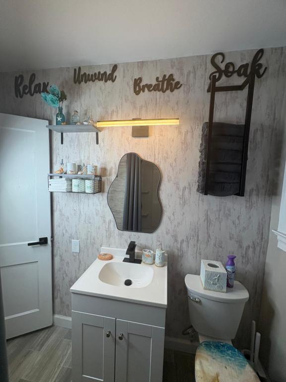 8mins from Jaguar stadium & the Historical Riverside في جاكسونفيل: حمام مع حوض و مرآة و مرحاض