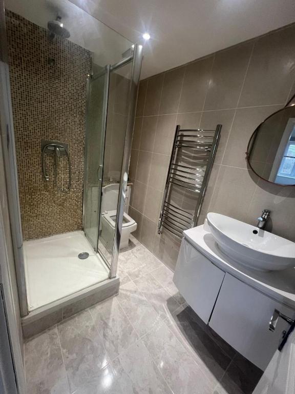 a bathroom with a shower and a sink and a toilet at Chartsworth 4 Bedrooms Spacious House in Harold Wood