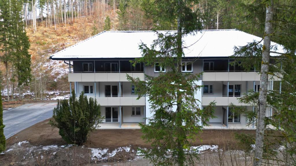 a white building with a snow covered roof at Treehouse - Alpinlake Apartments in Grünau im Almtal