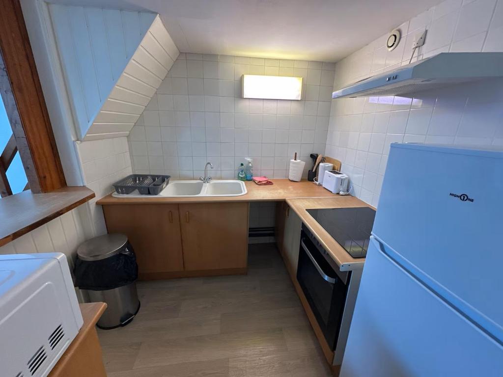 a small kitchen with a sink and a refrigerator at Chouette appart avec garage in Anzin