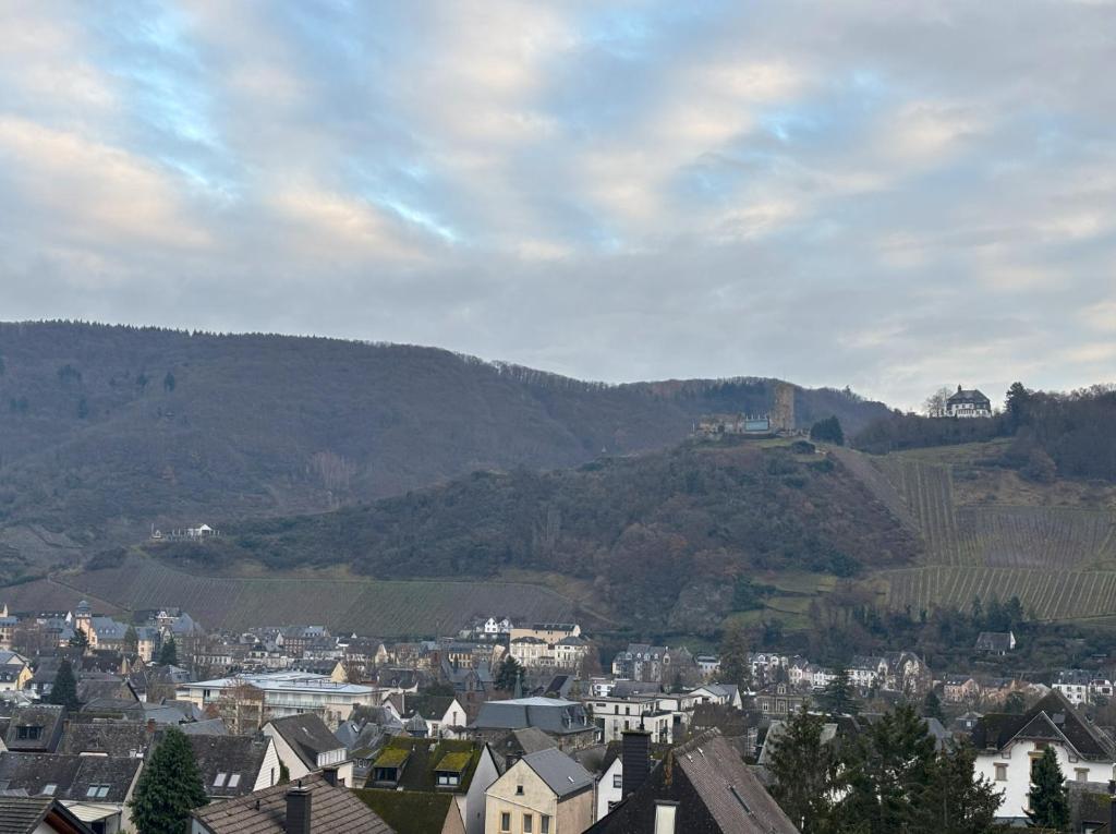 a city with a castle on top of a hill at Moselzeit - Moderne Ferienwohnung mit Terrasse und Burgblick in Bernkastel-Kues