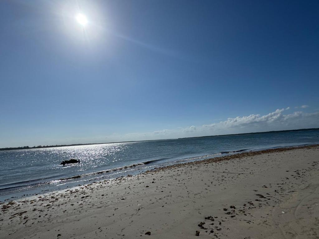 una playa con huellas en la arena y el océano en Casa de Praia com Piscina em frente à praia para até 32 pessoas, en Vera Cruz de Itaparica