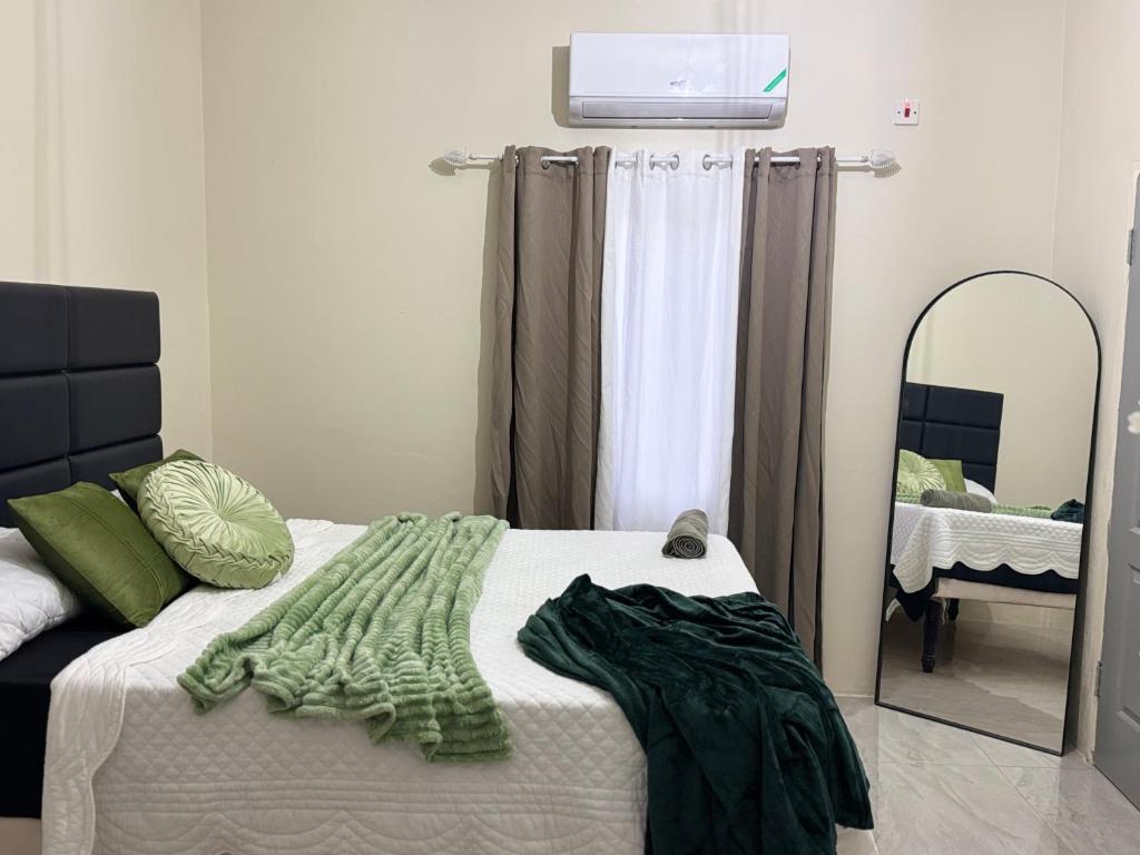 a bedroom with a large bed with a mirror at Angella Mansions in Stony Hill