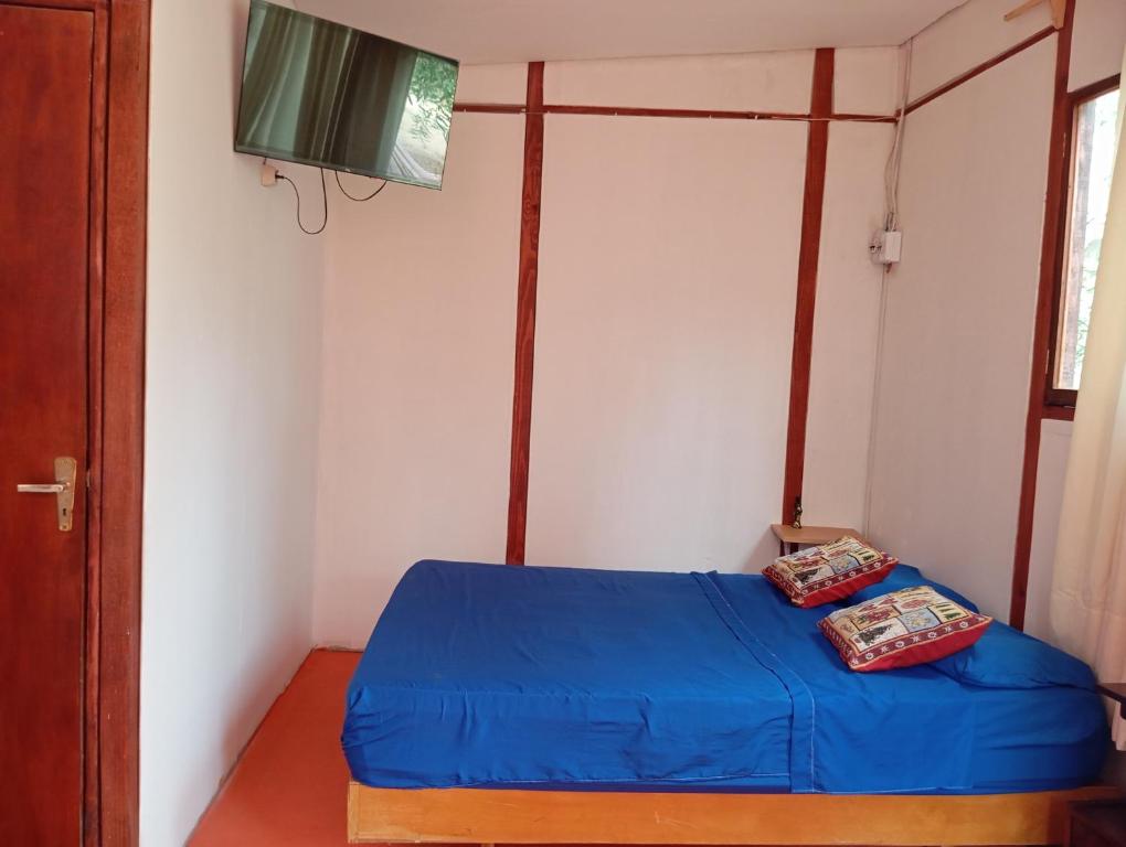 a bedroom with a blue bed and a tv at El Romance in Jaureguiberry