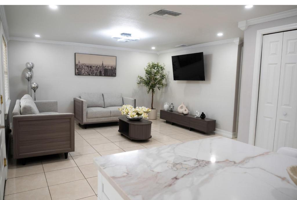 een woonkamer met een bank en een tv bij Home Luxury in Tampa