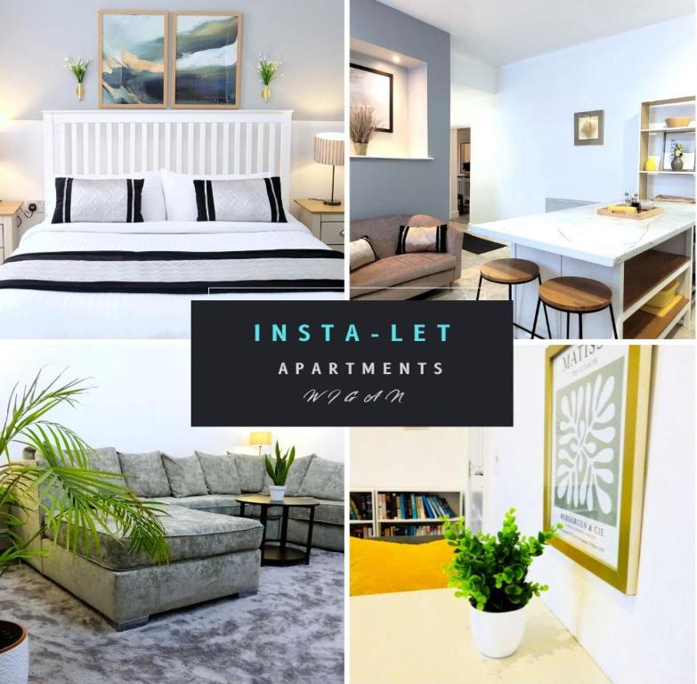 a collage of images of an inclusive living room and an interior at InstaLet Apartments I Wigan Central I Free Parking in Wigan