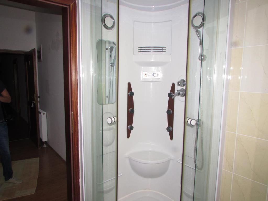 a bathroom with a toilet and a glass shower at Smještaj Slavonija in Daruvar