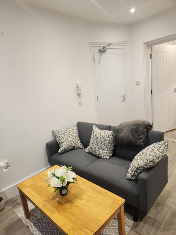 a living room with a couch and a coffee table at Oxford Central city apartment in Oxford