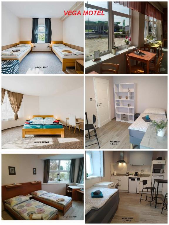 a collage of four pictures of a room at Motel Vega in Sezimovo Ústí