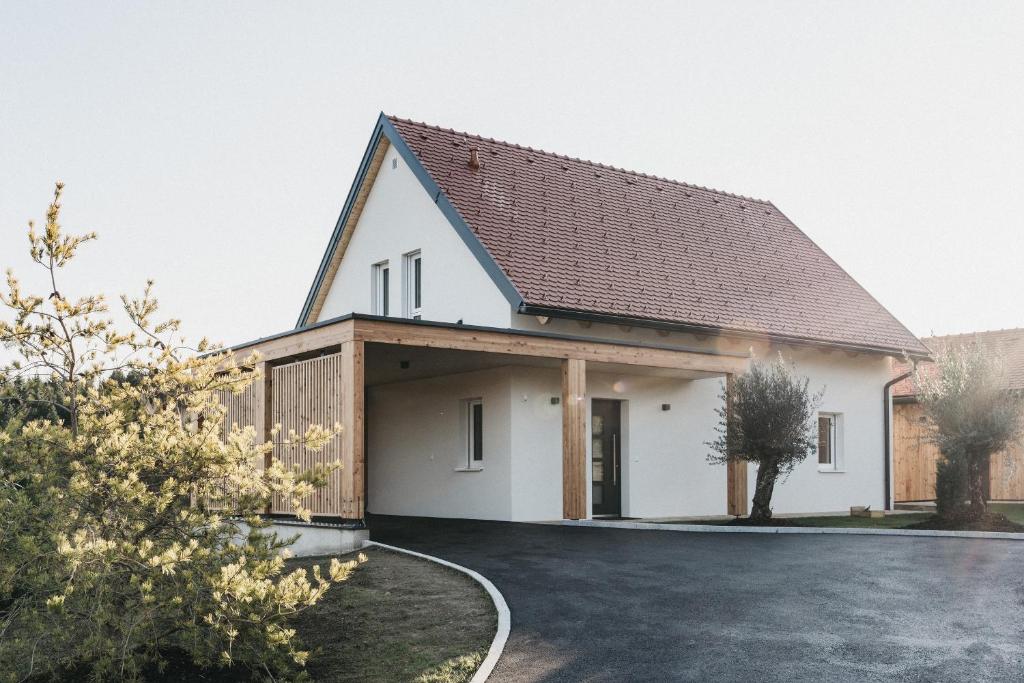 a white house with a brown roof at Das Dietrich - Landhaus 62 in Leibnitz