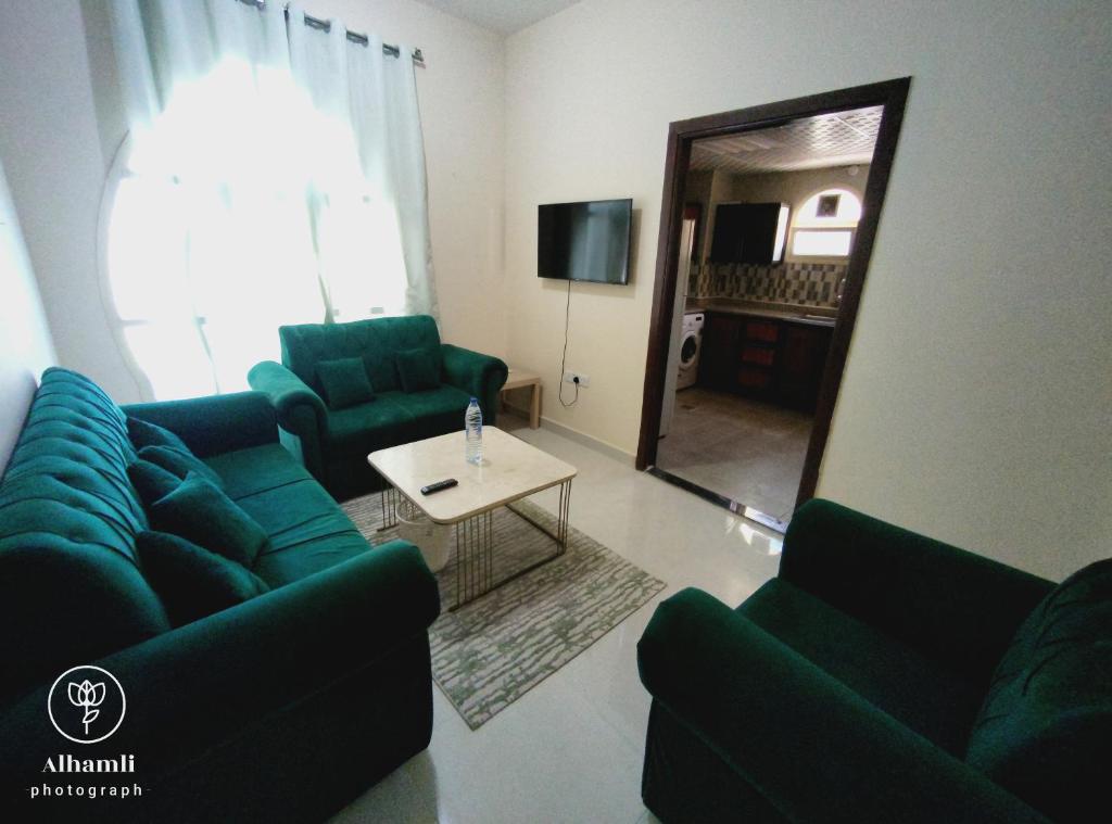 アル・アインにあるSolo comfort 205のリビングルーム(緑のソファ2台、鏡付)