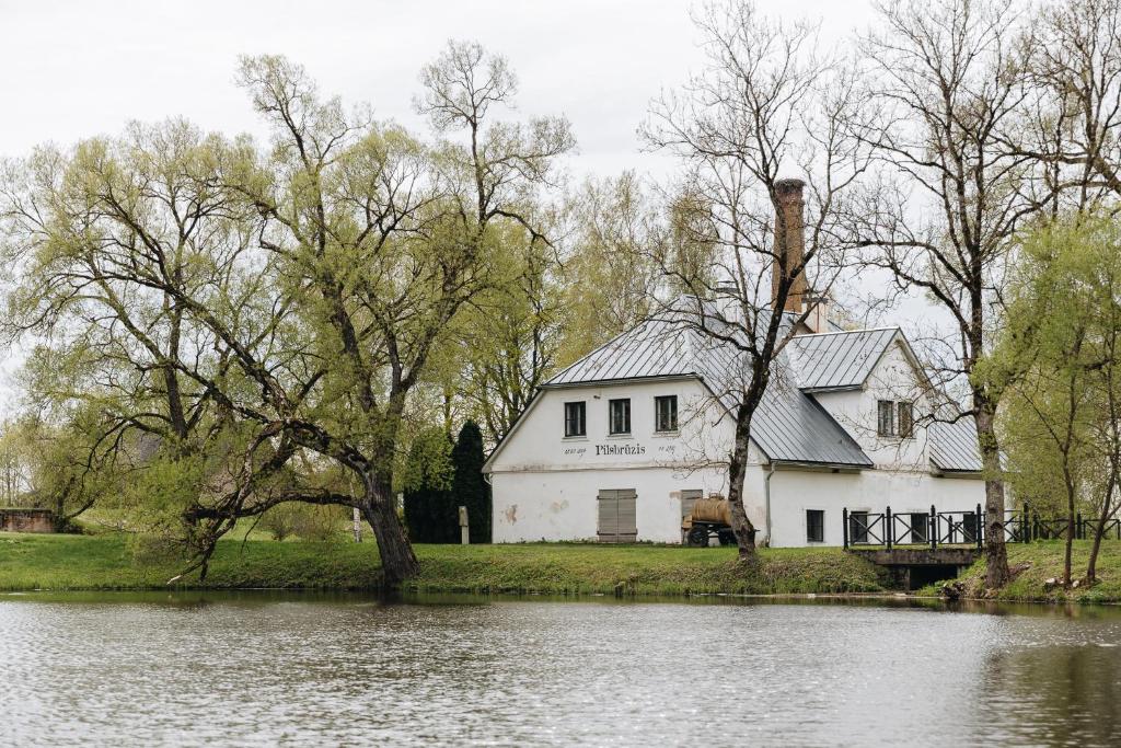 a white house sitting next to a body of water at Pilsbrūzis in Odziena