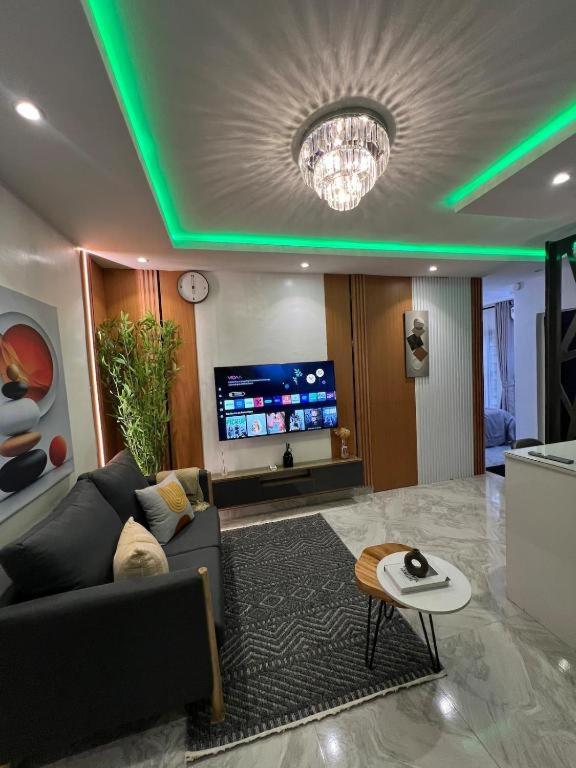 ラゴスにあるNike's Placeのソファとテレビのあるリビングルーム