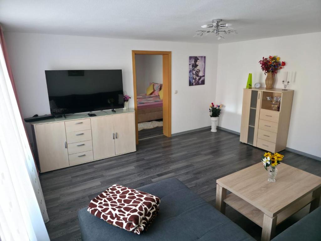 ein Wohnzimmer mit Sofa und Flachbildfernseher in der Unterkunft Flonta Ferienwohnung in Mittweida