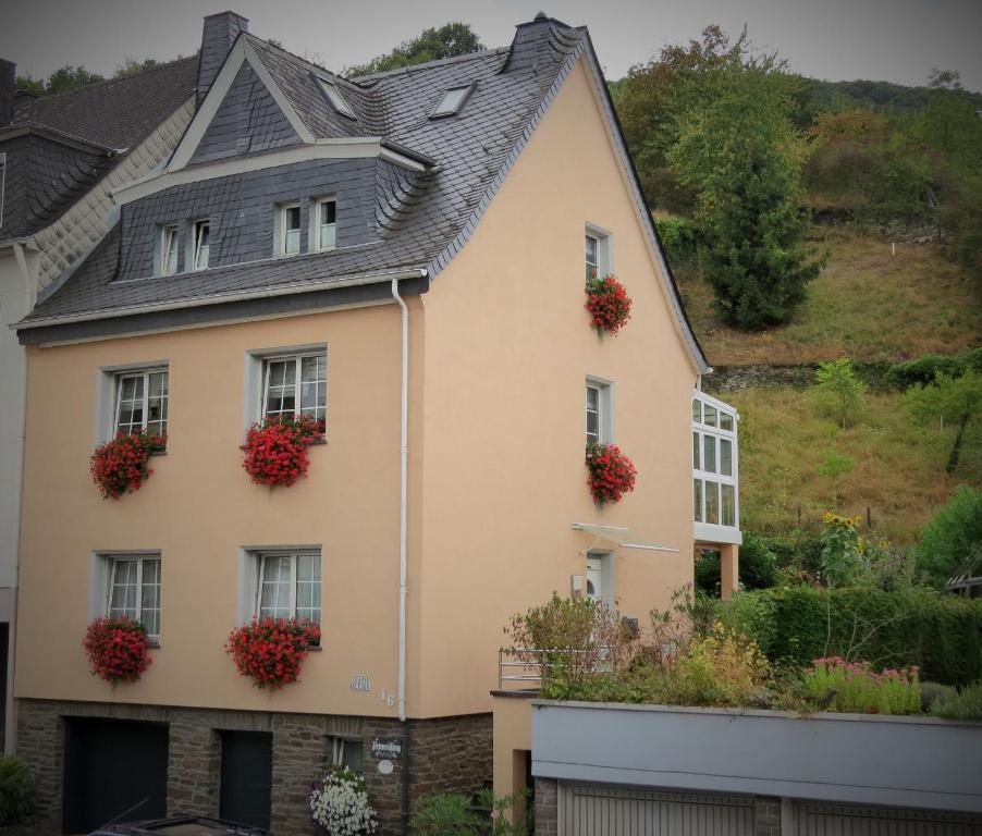 コッヘムにあるFerienwohnung Haus Bleserの窓に赤いゼラニウムを貼った家
