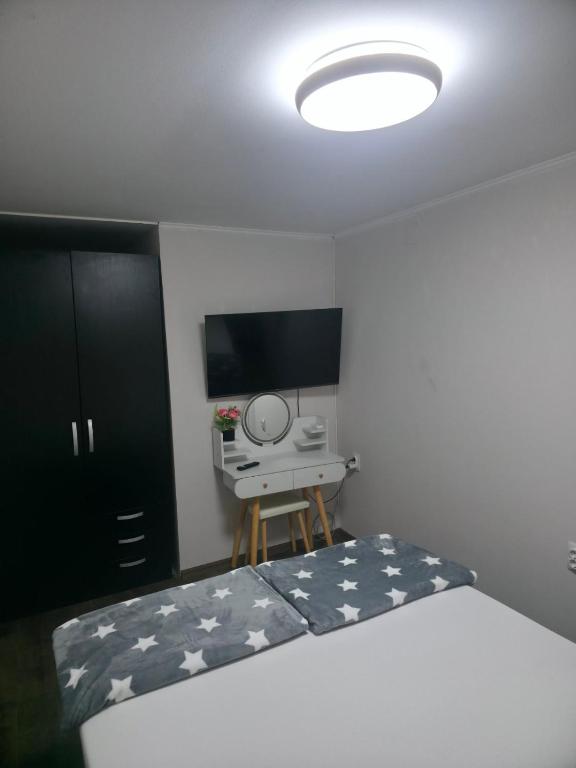 a bedroom with a bed with a desk and a television at Black House Spa in Gamzigrad